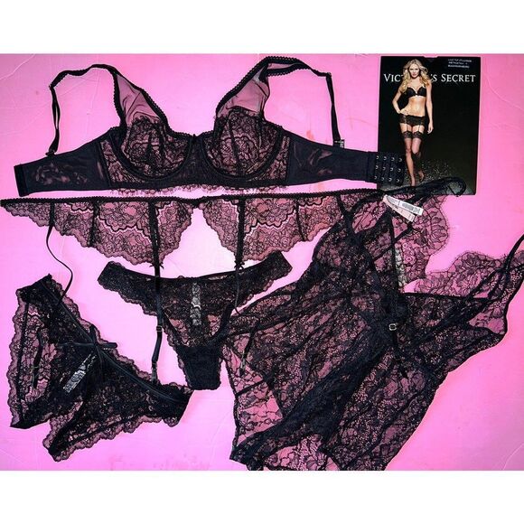 Victoria's Secret unlined 34D BRA SET+garter+Thong+panty+TEDDY romper Black lace